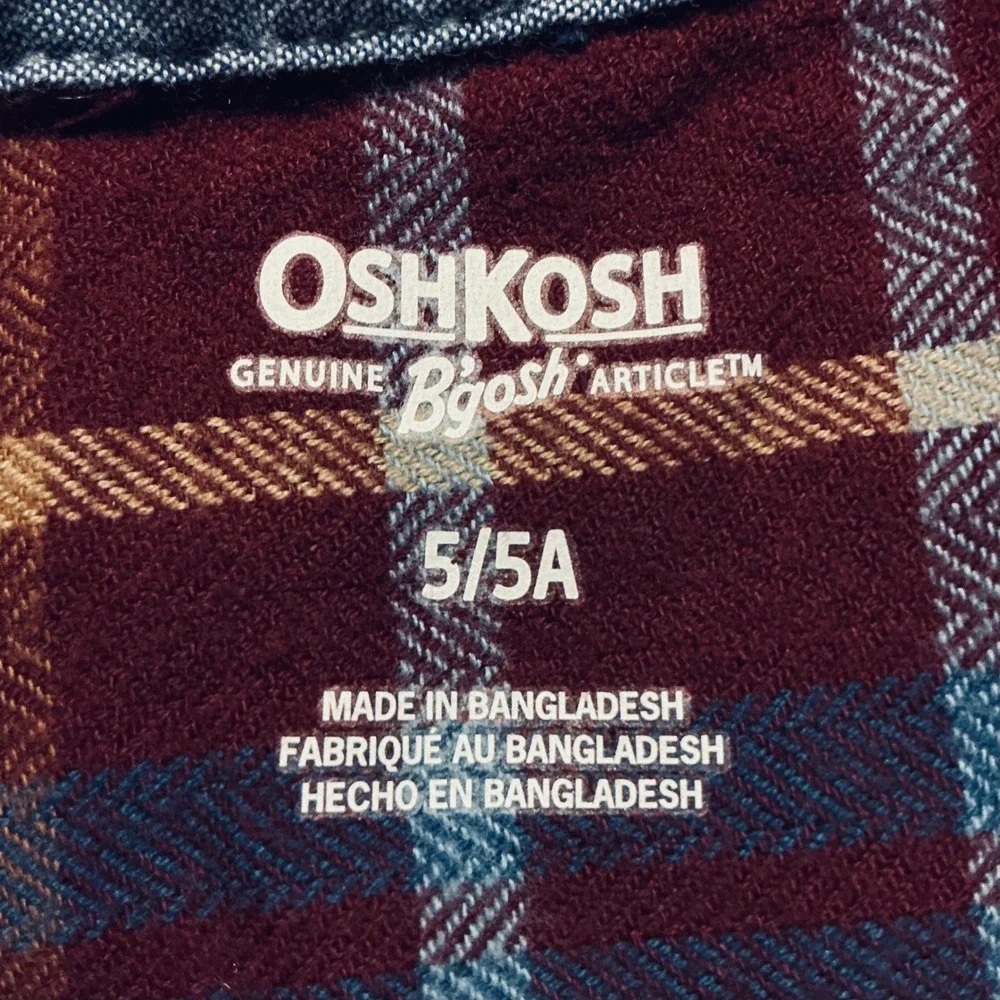 OshKosh B'gosh Boys 5/5A Plaid Flannel Button Up Shirt Long Sleeve Cotton Fall